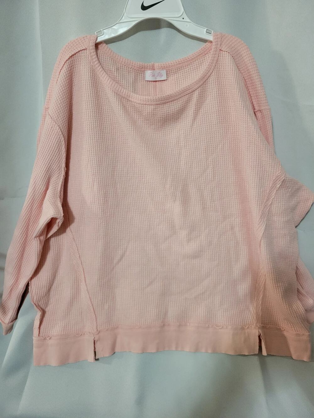 Pink Lily Pink Waffle Knit Long Sleeve Scoop Neck Pullover Top